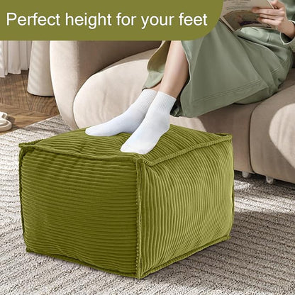 MeMoreCool Stuffed Pouf Ottoman Foot Rest Square, Corduroy Floor Pouf Foot Stool with Foam Chunk Filling, Soft Stuffed Ottoman Footrest for Living Room, Green