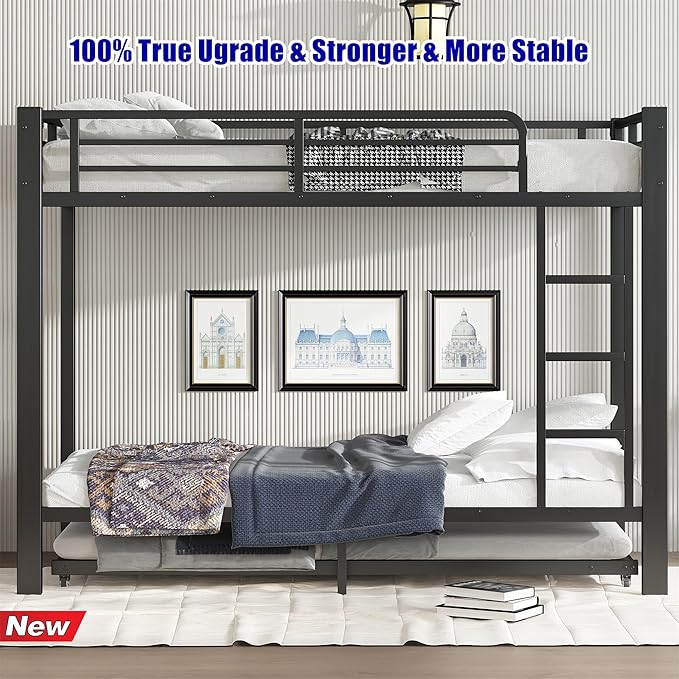 LUXIEE Upgraded & Stronger Heavy Duty Steel Twin XL Over Twin XL Bunk Bed Frame, More Stable Safer Thickened Metal Bunkbeds with Twin Size Trundle
