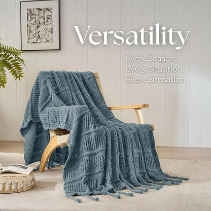 Boho Knitted Chenille Blanket with Tassels - Lightweight & Soft All-Season Throw - 3D Classic Pattern for Living Room Bedroom Couch, Celestial Blue, Twin 60"x80"