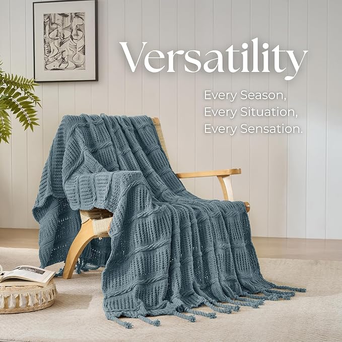 Boho Knitted Chenille Blanket with Tassels - Lightweight & Soft All-Season Throw - 3D Classic Pattern for Living Room Bedroom Couch, Celestial Blue, King 90"x108"