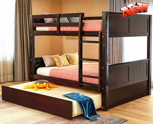 TSAMPA Latest Upgraded & Stronger Heavy Duty Solid Wood Full Over Full Bunk Bed with Trundle, Thickened Safer Convertible Bunkbed Frame (Easier to Assemble) (Espresso)
