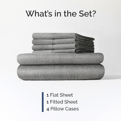 Queen 6 Piece Sheet Set - Cooling & Breathable - Hotel Luxury Bedding, Includes Fitted Sheet for Women, Men, Kids & Teens - 1 Flat, 1 Fitted Sheet, 4 Pillowcases w/Deep Pockets - Heathered Grey