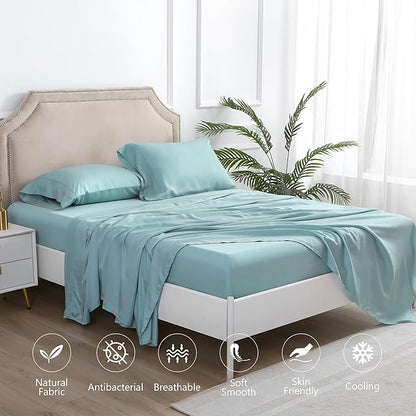 Linen World Lyocell Cooling Bed Sheets Set Queen Size,100% Organically Grown Viscose Sheets,Deep Pocket Up to 16",4 Pieces Silky Soft,Breathable Bedding Sheets & Pillowcases(Ice Blue,Queen)