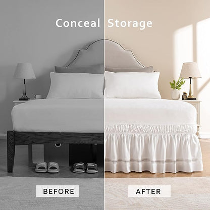 MIYE Wrap Around Ruffled Lace Bed Skirt, Elastic Dust Ruffle with Adjustable Belts,15 Inch Drop Easy to Put On, Bed Frame Cover, Machine Washable (Ruffled Lace, Full/Twin-15)