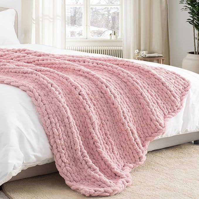 Chunky Knit Throw Blanket 60"X 80", 100% Handmade with Soft Chenille Yarn, 4.4lbs Thick Cable Knitted Blankets, Large Rope Knot Crochet Throws for Couch Sofa Bed Home Decor, Dusty Pink