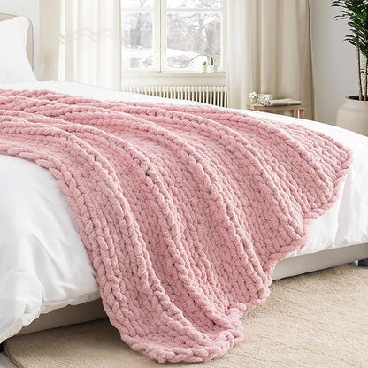 Chunky Knit Throw Blanket 60"X 80", 100% Handmade with Soft Chenille Yarn, 4.4lbs Thick Cable Knitted Blankets, Large Rope Knot Crochet Throws for Couch Sofa Bed Home Decor, Dusty Pink