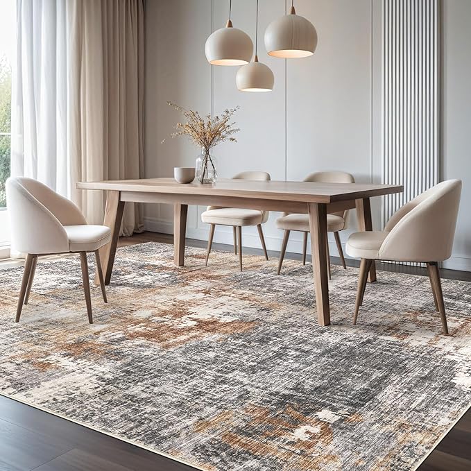 Area Rug Living Room Rugs - 10x14 Washable Large Soft Indoor Neutral Modern Abstract Low Pile Rug Carpet for Bedroom Dining Room Farmhouse Home Office - Grey Brown