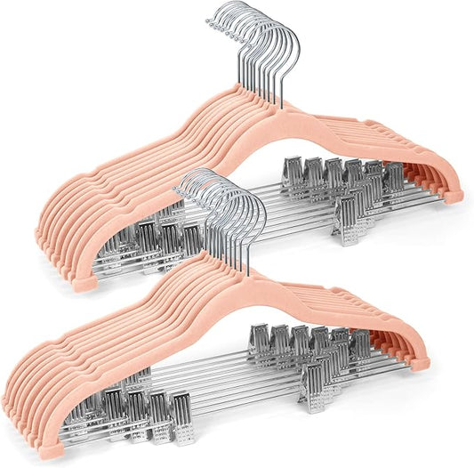 Velvet Pants Hangers 20 Pack with Adjustable Clips, Space-Saving Slim Felt Clothes Hangers, Heavy Duty & Non-Slip Flocked Hangers for Pants, Skirts, Dresses, and Jeans(Pink)