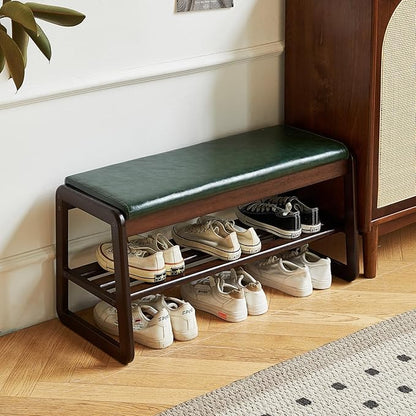 Solid Wood Shoe Bench, 2-Tier Wooden Storage Entryway Bench, Mid-Century Modern Shoe Bench Rack, End of Bed Bench with Faux Leather Cushion, Ottoman Bench for Hallway, Living Room (Walnut, 39.7'')