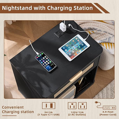 LEYAOYAO Rattan Nightstand with Charging Station, Black Night Stand with Drawer, 23" Wide Boho Bedside Table with Storage Shelf, Bed Side End Tables for Bedroom, Living Room, Hallway