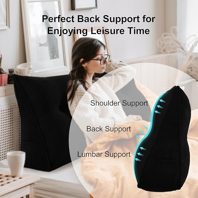 WOWMAX 100% Cotton Corduroy Headboard Pillow – Queen Size Back Support Reading Wedge for Bed & Daybed, Plush Handmade Bolster Cushion with Removable Cover, Cozy Bed Rest Pillow, Black