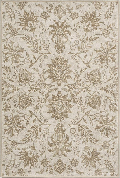 jinchan Torino 2x3 Washable Rugs for Entryway, Vintage-Inspired Floral Neutral Design Non-Slip Low-Pile Doormat, Ultra-Thin Indoor Traditional Accent Carpet for Entrance Bathroom Bedroom, Taupe