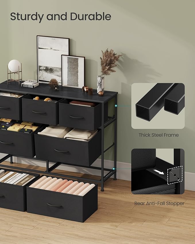 SONGMICS Dresser for Bedroom, Chest of Drawers, TV Stand, Steel, MDF, 7 Non-Woven Fabric Drawers, Storage Organizer Unit, Closet, Entryway, Ink Black and Ebony Black ULGS323B01S