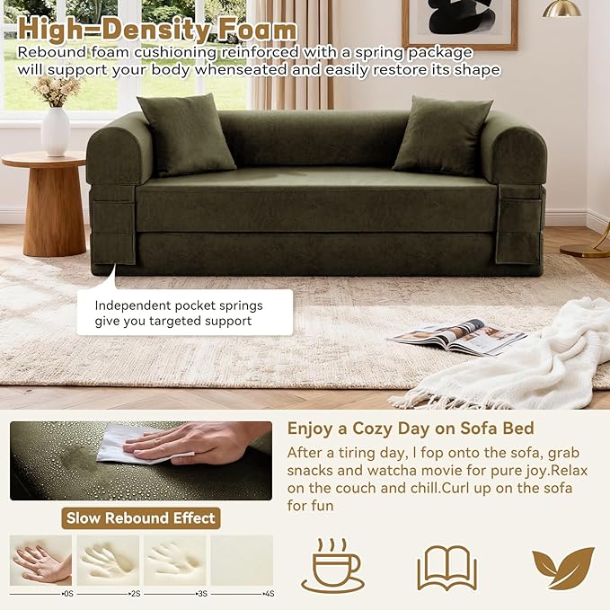 Convertible Sleeper Sofa Bed,78.5 Inch Faux Leather Futon Couch with Pillows & Storage Pocket,5-in-1 Folding Sofa Bed Queen with Pull Out Beds,Boneless Couches for Living Room,Couch in a Box,Green