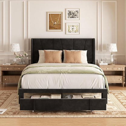 Full Bed Frame with Storage Drawers, Upholstered Full Size Platform Bed with 47" Tall Headboard and Wingboard, No Box Spring Needed, Noise Free, Easy Assembly, Wooden Support Slats, Black