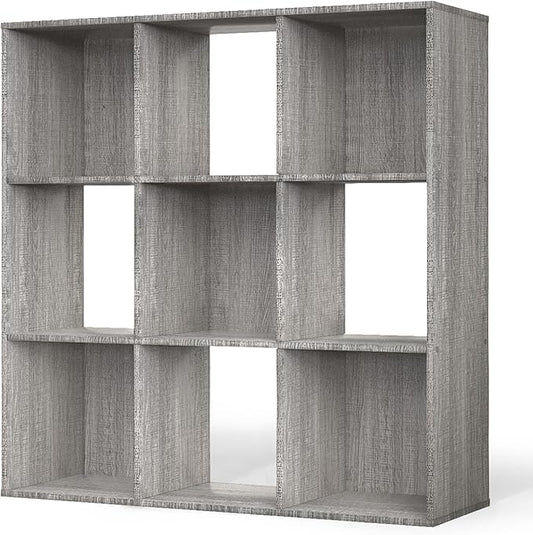 CAPHAUS Sturdy Room 11-Inch Cube Storage Organizer Shelf, with Thick Exterior Edge, Storage Shelf Divider w/Back, Bookcase, 9-Cube, Greige Oak