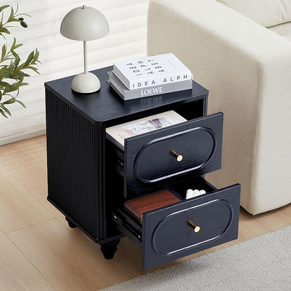 2 Drawer Fluted Mini Small Dresser for Bedroom Set of 2, Mid Century Modern Nightstand Bedside End Table, Wood Storage Dresser Organizer for Bedroom Living Room, Black