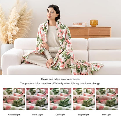 Luxury Printed Fleece Warm Throw Blanket, Soft Lightweight Velvety Plush Throw for Couch and Bed, Cozy Comfy for All Seasons(Ivory Pink Flowers, 50×70 Inches)