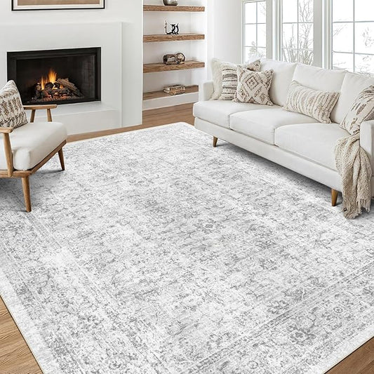 6x9 Area Rug, Ultra-Soft Washable Rug for Living Room, Dinner Room, Bedroom, Non-Slip Vintage Floral Rug, Indoor Carpet Large Area Rug, Grey