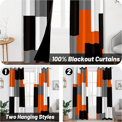 Orange 100% Blackout Curtains for Bedroom 108 inch Extra Long 2 Panels Set Black White Grey Modern Abstract Geometric Black Out Curtains Room Darkening Window Drapes for Living Room, 52Wx108L