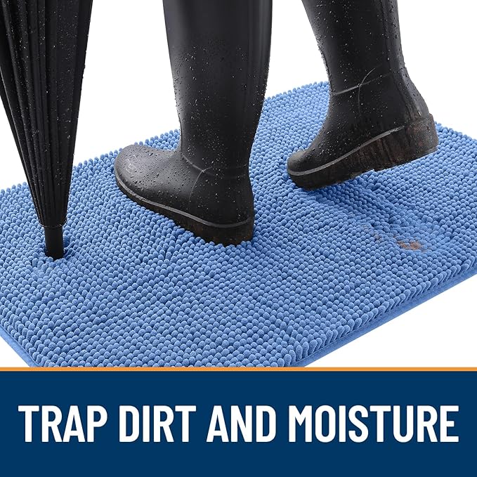 OLANLY Dog Door Mat for Muddy Paws 24x16, Absorbs Moisture and Dirt, Absorbent Non-Slip Washable Doormat, Quick Dry Chenille Mud Mat, Entry Indoor Entryway Carpet for Inside Floor, Cornflower Blue