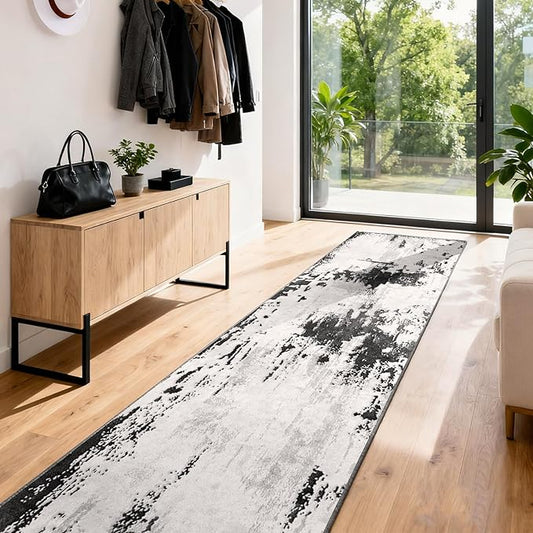 3x6 Kitchen Hallway Runner Rug: Long Washable Rug Runner Non-Slip Indoor Abstract Rugs - Low Pile Soft Floor Runners for Bedroom Living Room Dining Entryway Bathroom Laundry Black White 3x6
