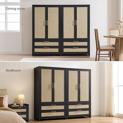 SICOTAS Armoire Wardrobe Closet, Larger Rattan Armoires Wardrobe Cabinet with 2 Large Drawers & Hanging Rod, Tall Closet Storage Cabinet for Cloak Room, Bedroom, Black Oak (3 Pieces)
