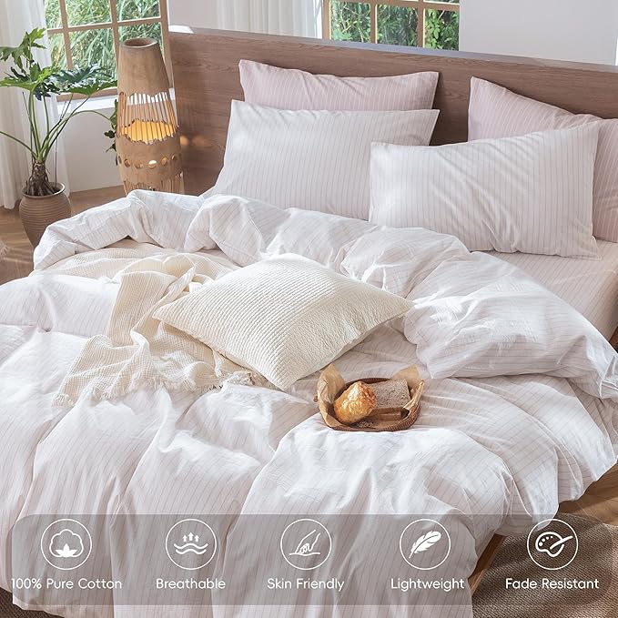 MooMee Striped Duvet Cover Set 100% Washed Cotton Linen Like Textured Breathable Durable Soft Comfy (White Heathered Greyish Pink Wide Stripes, Queen 90"x90")