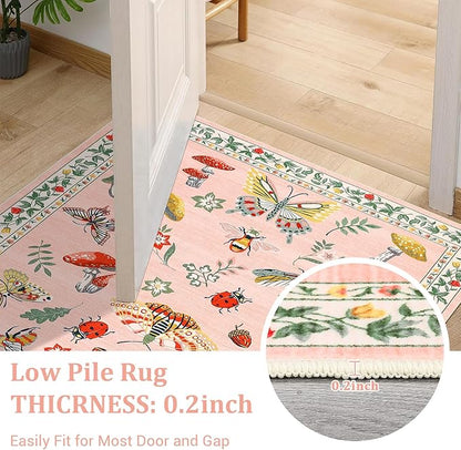 Mushroom Insect 8x10 Area Rugs, Washable Rugs for Living Room Non Slip Stain Resistant Low Pile Modern Butterfly Carpet for Bedroom Dining Room Nursery Playroom Office, Light Pink