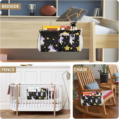 Bedside Caddy Hanging Bunk Bed Caddy Bed Organizer Hanging Pocket with 2 Hooks Bedside Storage Organizer Pocket Bag Holder Cute Unicorns Hearts Black