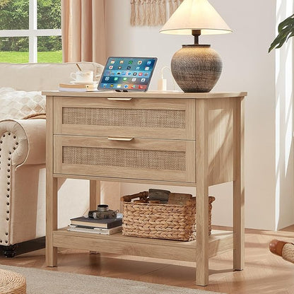 LEYAOYAO 31.5" Wide Rattan Night Stand Set 2 with Charger Station, Oversized Large Boho Nightstand with 2 Drawer, Natural Wood Bed Side End Tables, Tall Bedside Table for Bedroom Living Room, Hallway