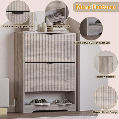 Shoe Cabinet with 2 Flip Drawers, Fluted Shoe Storage Cabinet with Adjustable Shelves, Freestanding Rack and Organizer for Entryway, Closet, Hallway