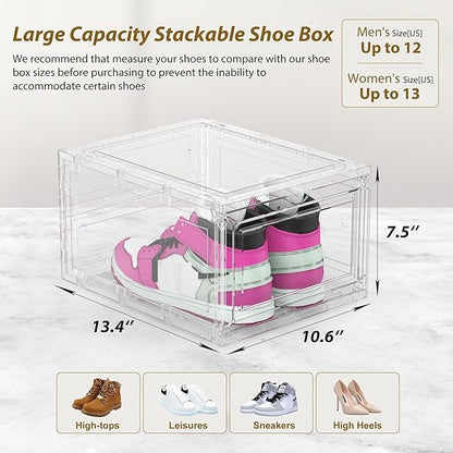 10 Pack Extra XX Large Hard Plastic Clear Stackable Shoe Storage Box Organizer for Closet, Thicken Sturdy Sneaker Shoe Rack Display Case Containers Bins with Lids and Magnetic Door, Clear