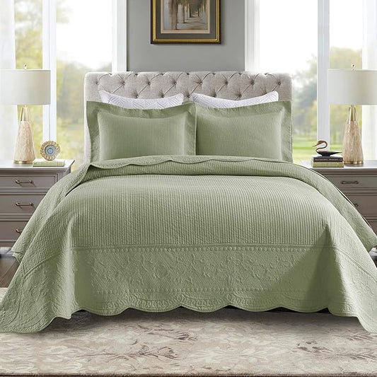 MarCielo 3-Piece 100% Cotton Oversized Bedspread Lightweight Quilt Coverlet Embroidery Farmhouse Bedding Set (TG Pale Green, Oversized King (118"x106"))