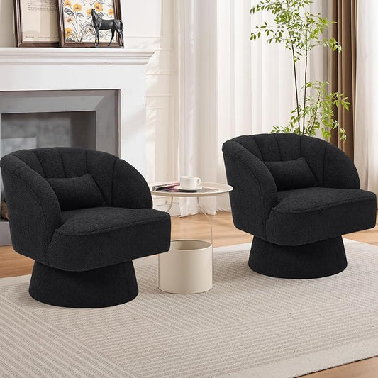 GarveeHome Modern Swivel Barrel Accent Chair, 360° Teddy Fabric Upholstered Armchair with Striped Backrest & Plush Padding, Comfy Round Lounge Chair for Living Room, Bedroom, Reading Nook, Black 2 PCS