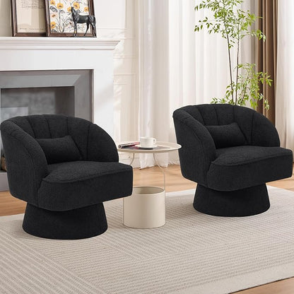 GarveeHome Modern Swivel Barrel Accent Chair, 360° Teddy Fabric Upholstered Armchair with Striped Backrest & Plush Padding, Comfy Round Lounge Chair for Living Room, Bedroom, Reading Nook, Black