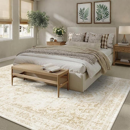 9x12 Vintage Washable Area Rugs Boho Medallion Large Distressed Retro Accent Carpet Floral Non-Slip Soft Low Pile Indoor Throw Rug for Living Room Bedroom Dining Room Office Kitchen, Beige