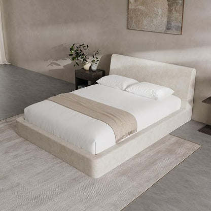 RECCI Cloud Queen Bed Frame with Ergonomic Angled Foam Cushioned Headboard, Minimalist Design Platform Bed Frame, No Box Spring Needed, Easy Assembly (Beige)