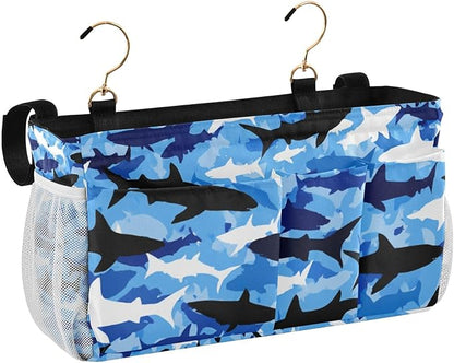 Bedside Caddy Hanging Bunk Bed Caddy Bed Organizer Hanging Pocket with 2 Hooks Bedside Storage Organizer Pocket Bag Holder Marine Bright Sky Blue Shark