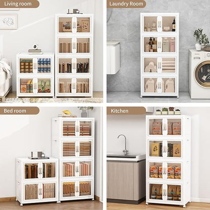 Large Stackable Storage Bins with Lids, 440QT-110QT*4Tier Foldable Cabinet for Closet Organizers, Plastic Storage Containers Box with Wheels