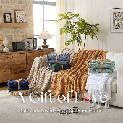Boho Knitted Chenille Blanket with Tassels - Lightweight & Soft All-Season Throw - 3D Classic Pattern for Living Room Bedroom Couch, Amber Brown, Twin 60"x80"