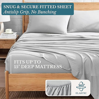 Casa Platino King Size Sheet Set – 4 Piece Pre-Washed Brushed Microfiber Bedding, Deep Pocket Sheets, Fade Resistant, Soft Bed Sheets, Durable & Long Lasting, Ideal for Everyday Use - Silver