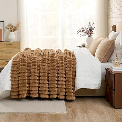 Cozy Bliss Faux Fur Throw Blanket for Couch, Cozy Warm Plush Striped Blanket for Sofa Bedroom Living Room, 50 * 60 Inches Toasty Brown