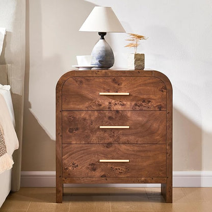 Farmhouse Nightstand, 23.5" Curved Modern Night Stand with 3-Drawer, Bedside Table, End Table for Bedroom, Storage Cabinet for Living Room Home Office Entryway, Dark Burl