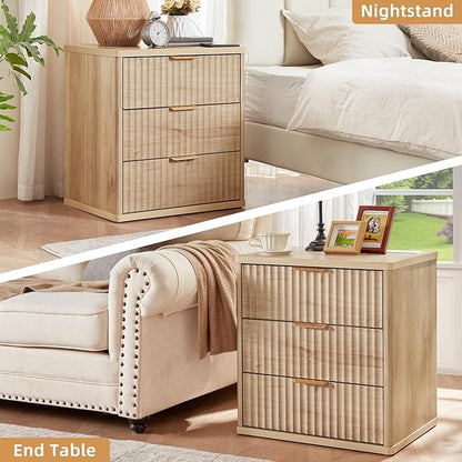 LEYAOYAO Fluted Dresser and 3 Drawers Nightstand Set of 2, Wood 48" Wide Dresser & 23" Night Stand with Charging Station, 3 Piece Bedroom Furniture Set, Chest of Drawers for Home,Living Room,Wood