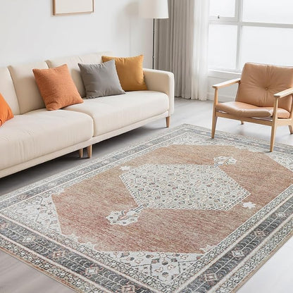 Washable Rugs 8x10 Area Rugs for Living Room,Bedroom,Dining Room- Soft Low Pile Stain-Resistant Carpet with Non-Slip Rubber Backing,Large Vintage Area Rug for Nursery Home Office Decor
