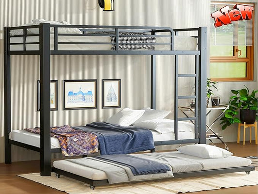SIGONE Stronger & Safer Heavy Duty Twin XL Over Twin XL Bunk Bed with Twin Trundle for Adults Teens, Thickened More Stable Metal Bunkbed Frame (Greater Weight Capacity)