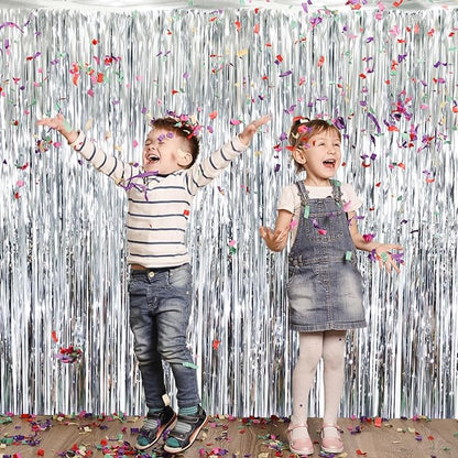 GOER 3.2 ft x 8.2 ft Metallic Tinsel Foil Fringe Curtains Party Photo Backdrop Party Streamers for Birthday,Graduation,New Year Eve Decorations Wedding Decor (4 Packs,Silver)