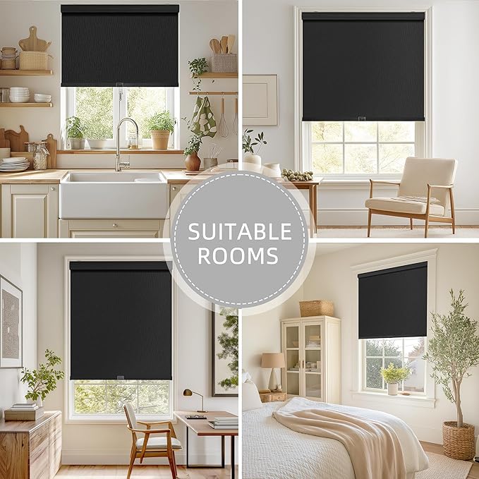 ChrisDowa Cordless Blackout Roller Shades for Windows, Striped Free-Stop Window Blinds with Privacy, Thermal Insulated Window Shades for Home, Office and Door. Black, 46" W x 72" H