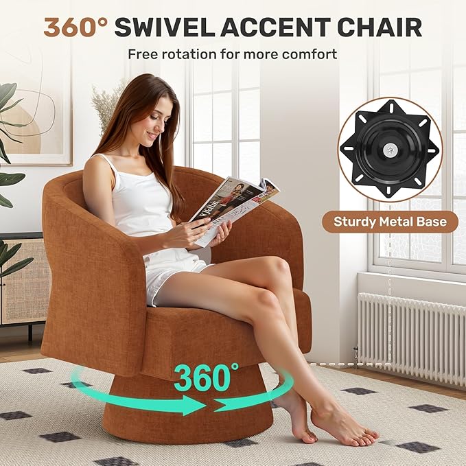 Swivel Accent Chair Set of 2, Modern Comfy Chenille Barrel Chairs, Oversized Upholstered Round Arm Chair for Living Room, Bedroom, Reading Room, Caramel
